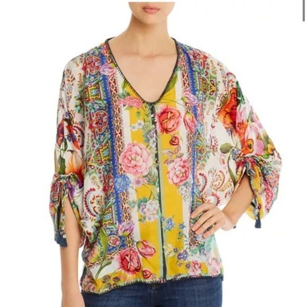 Johnny Was Sorbet Floral-Print Boho Silk Top Size Small
